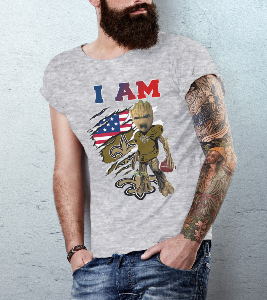 I Am Saints Baby Groot Nfl Football Fleur-De-Lis Usa Flag T-Shirt
