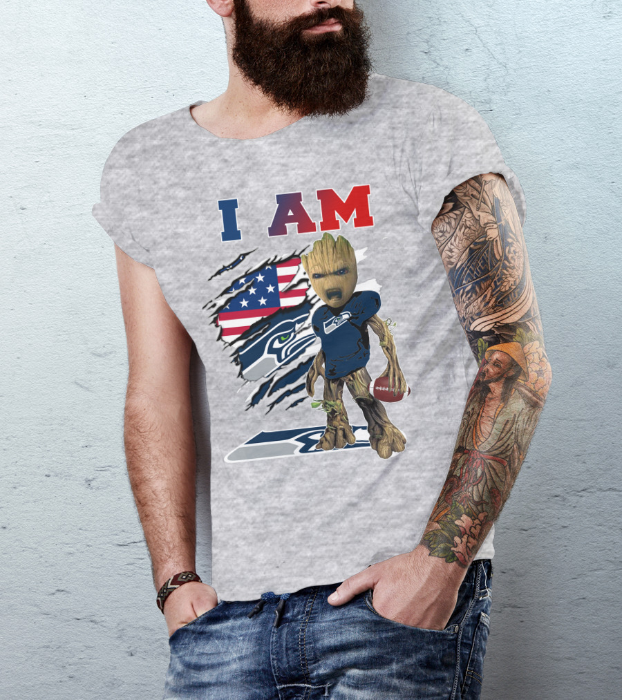 I AM Seahawks Baby Groot Football American Flag T-Shirt