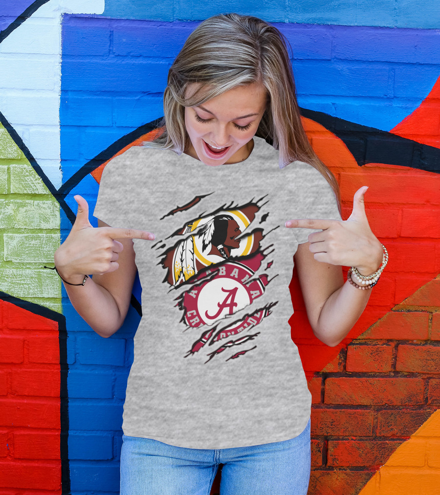 Alabama Crimson Tide Washington Redskins Logos Torn Effect T-Shirt