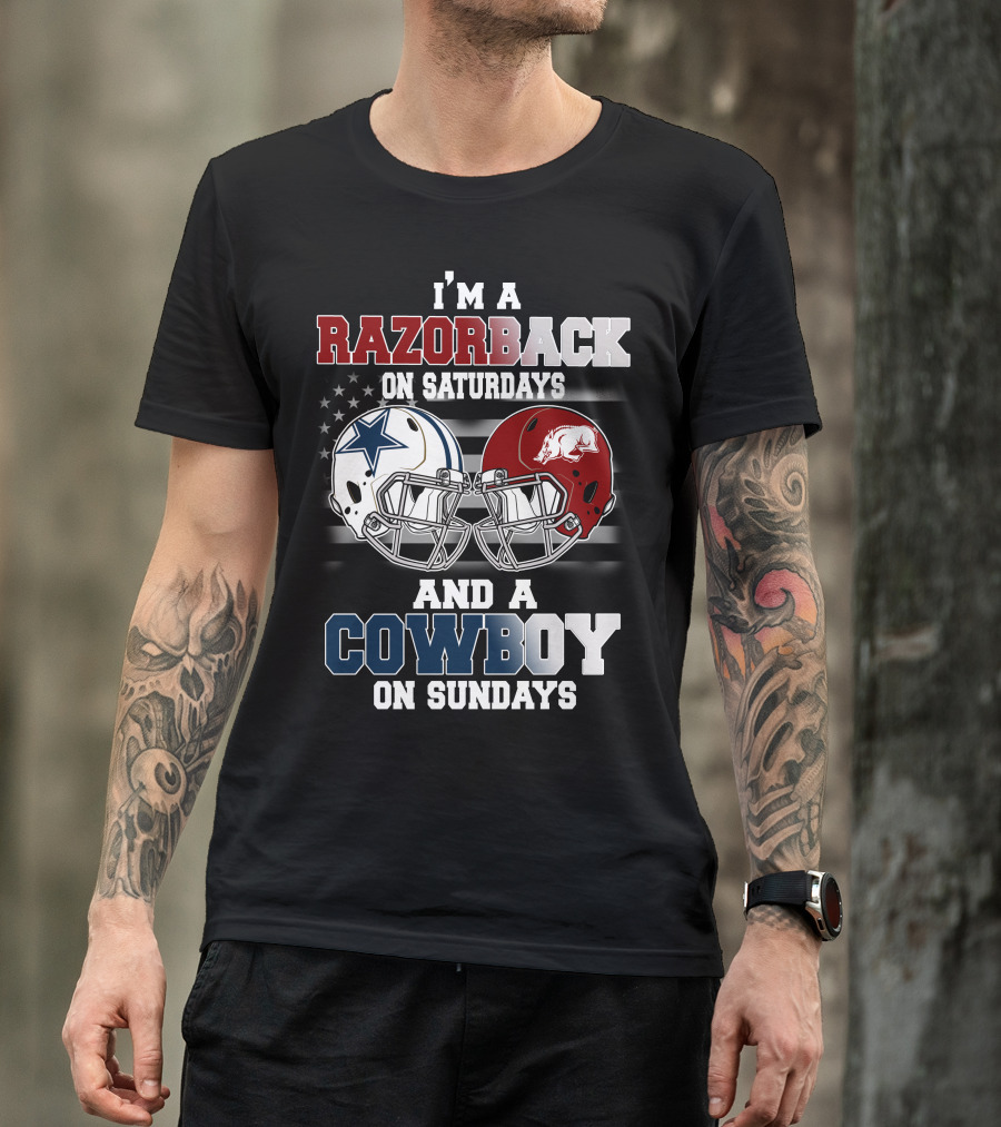 Razorback On Saturdays Cowboy On Sundays Football Helmets T-Shirt