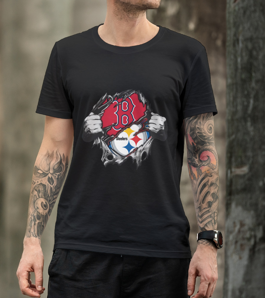 Steelers Red Sox Fusion Emblem With Torn Effect T-Shirt