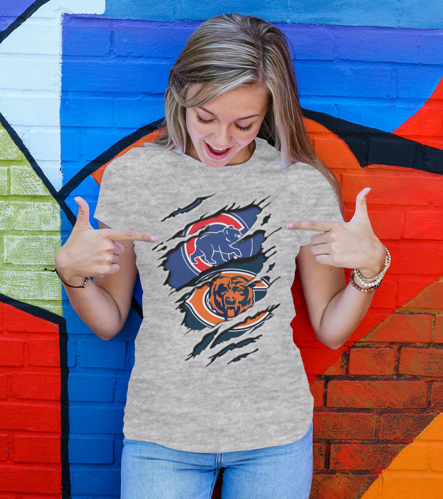 Cubs Bears Dual Logo Design Ripped Tear Combination T-Shirt