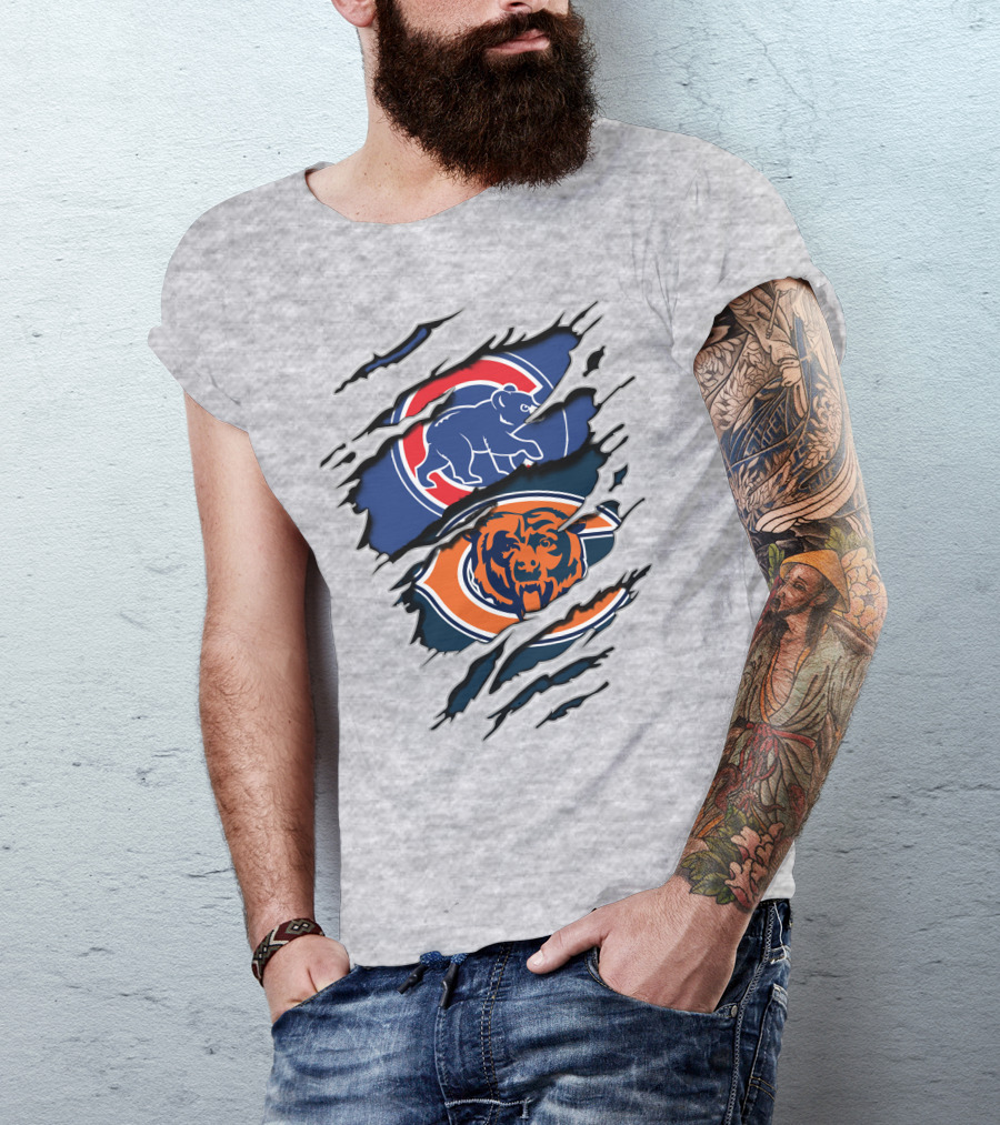 Cubs Bears Dual Logo Design Ripped Tear Combination T-Shirt