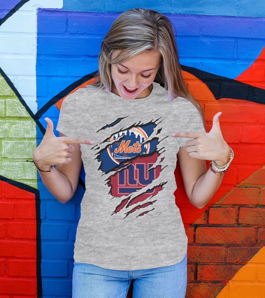 Mets Giants Baseball Football Crossover Ripped T-Shirt