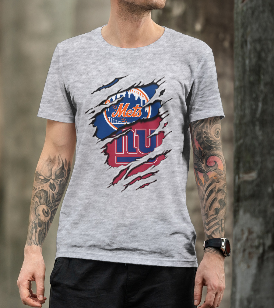 Mets Giants Baseball Football Crossover Ripped T-Shirt