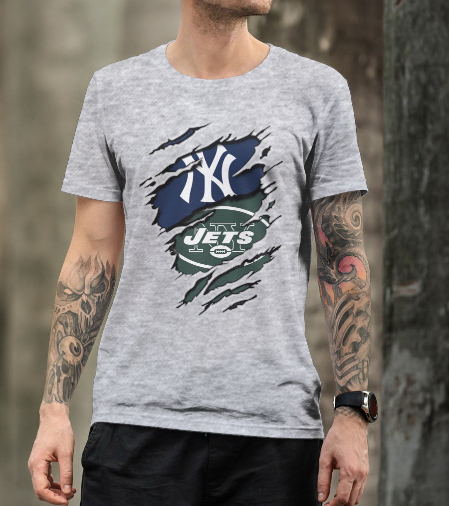 New York Jets Yankees Ny Sports Logos Rip Effect T-Shirt