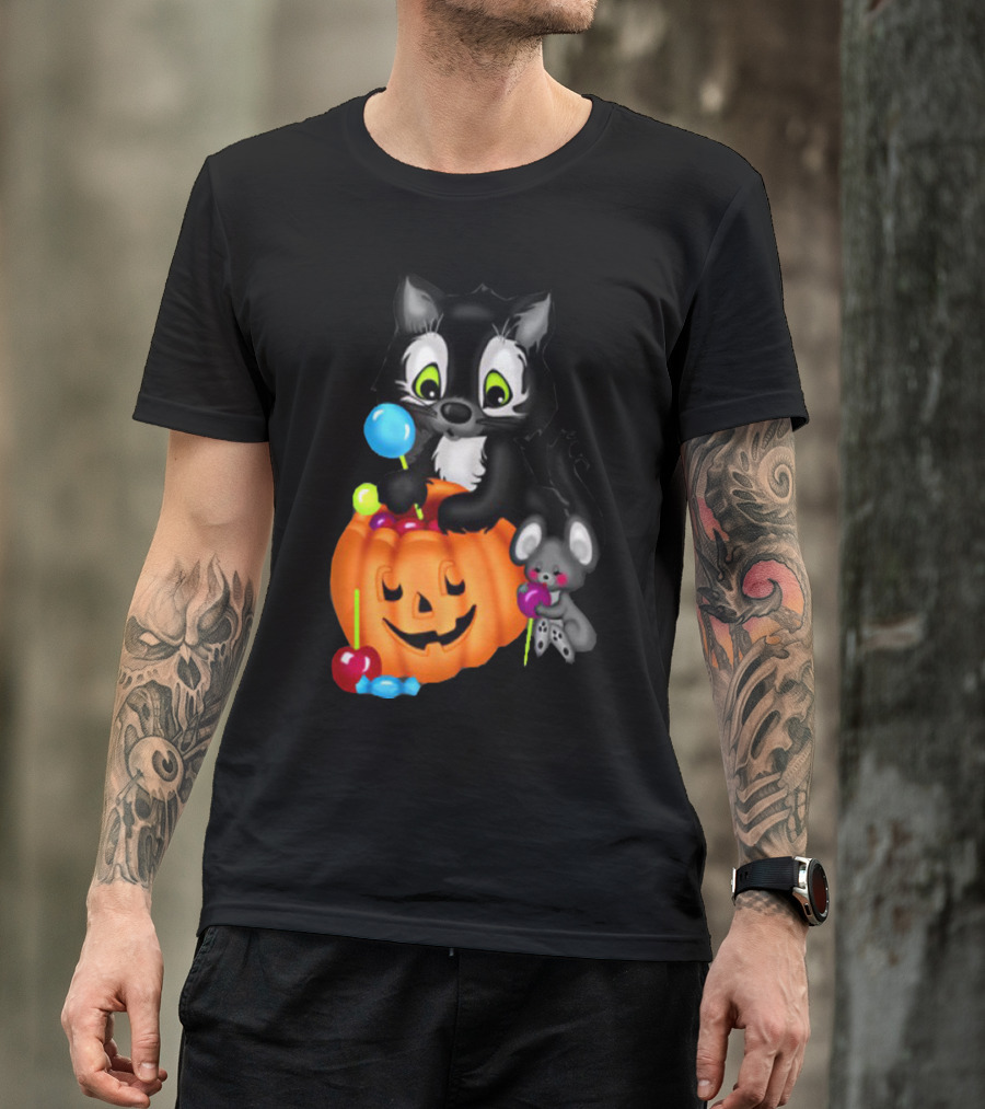 Halowen Cute Cat And Mouse With Candy And Pumpkin T-Shirt