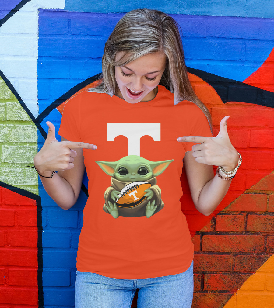 Baby Yoda Holding Tennessee Volunteers Football Ball T-Shirt