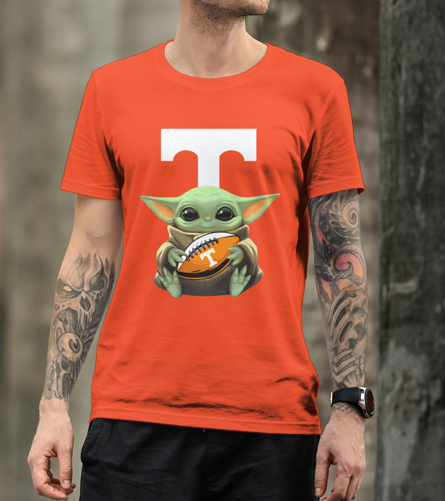 Baby Yoda Holding Tennessee Volunteers Football Ball T-Shirt
