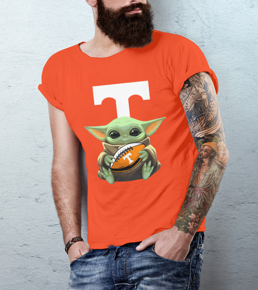 Baby Yoda Holding Tennessee Volunteers Football Ball T-Shirt