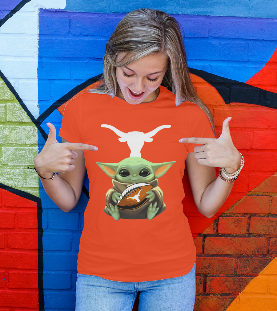 Baby Yoda Longhorns Football Logo Orange Background T-Shirt