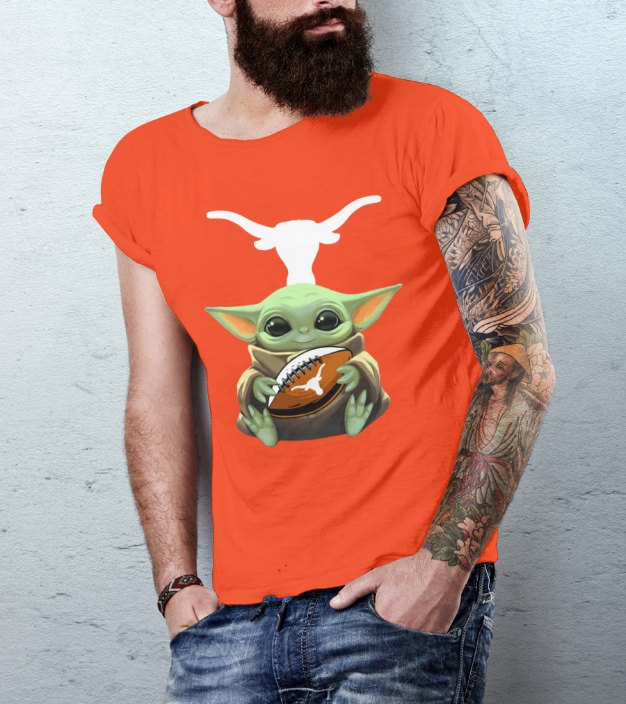 Baby Yoda Longhorns Football Logo Orange Background T-Shirt