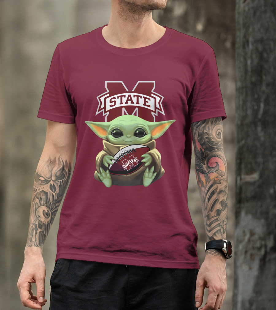 Baby Yoda Holding Mississippi State Bulldogs Football T-Shirt