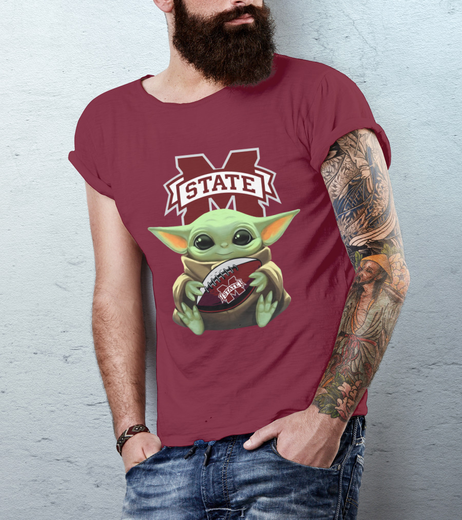 Baby Yoda Holding Mississippi State Bulldogs Football T-Shirt