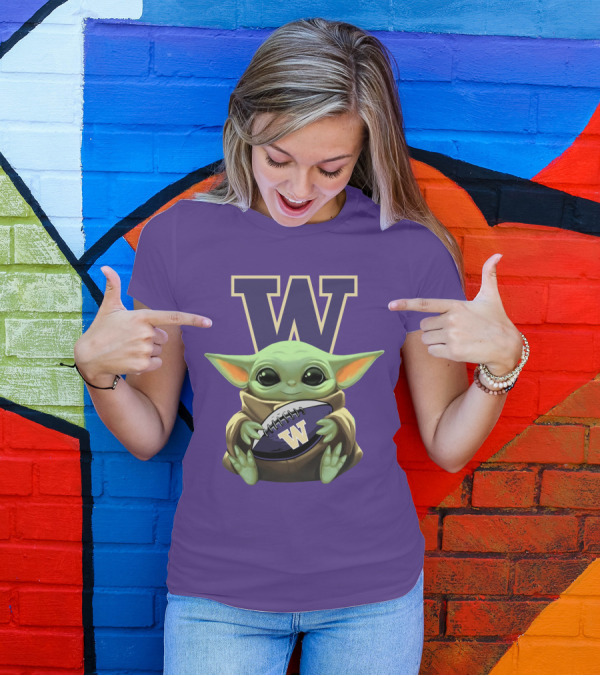 Baby Yoda Holding Washington Huskies Football W T-Shirt