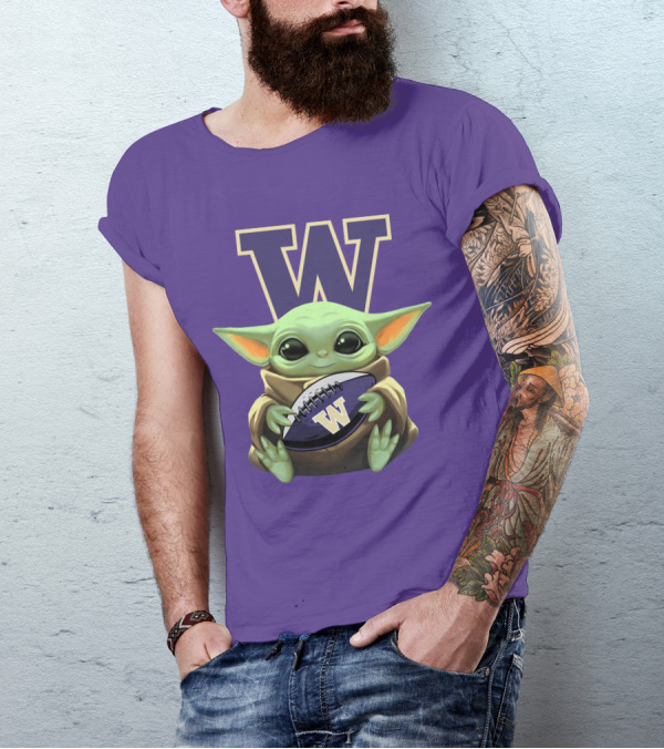 Baby Yoda Holding Washington Huskies Football W T-Shirt
