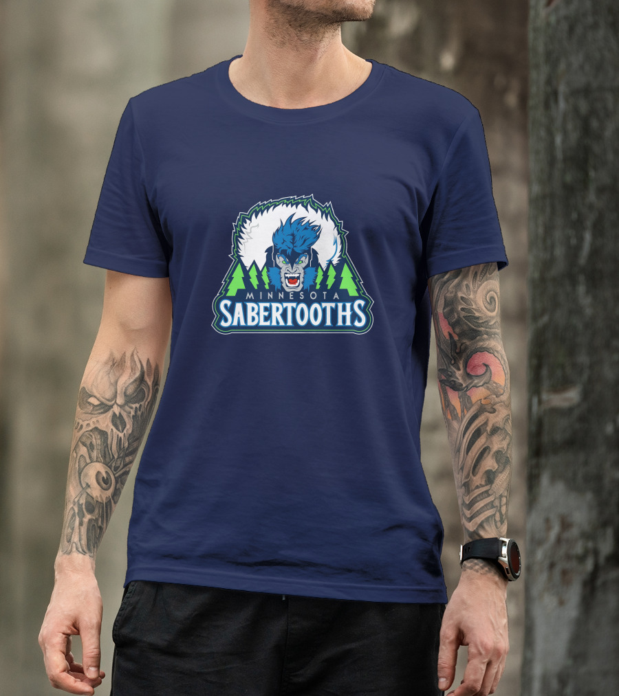 Minnesota Sabertooths NBA Logo With Blue Sabertooth And Green Pine Trees T-Shirt