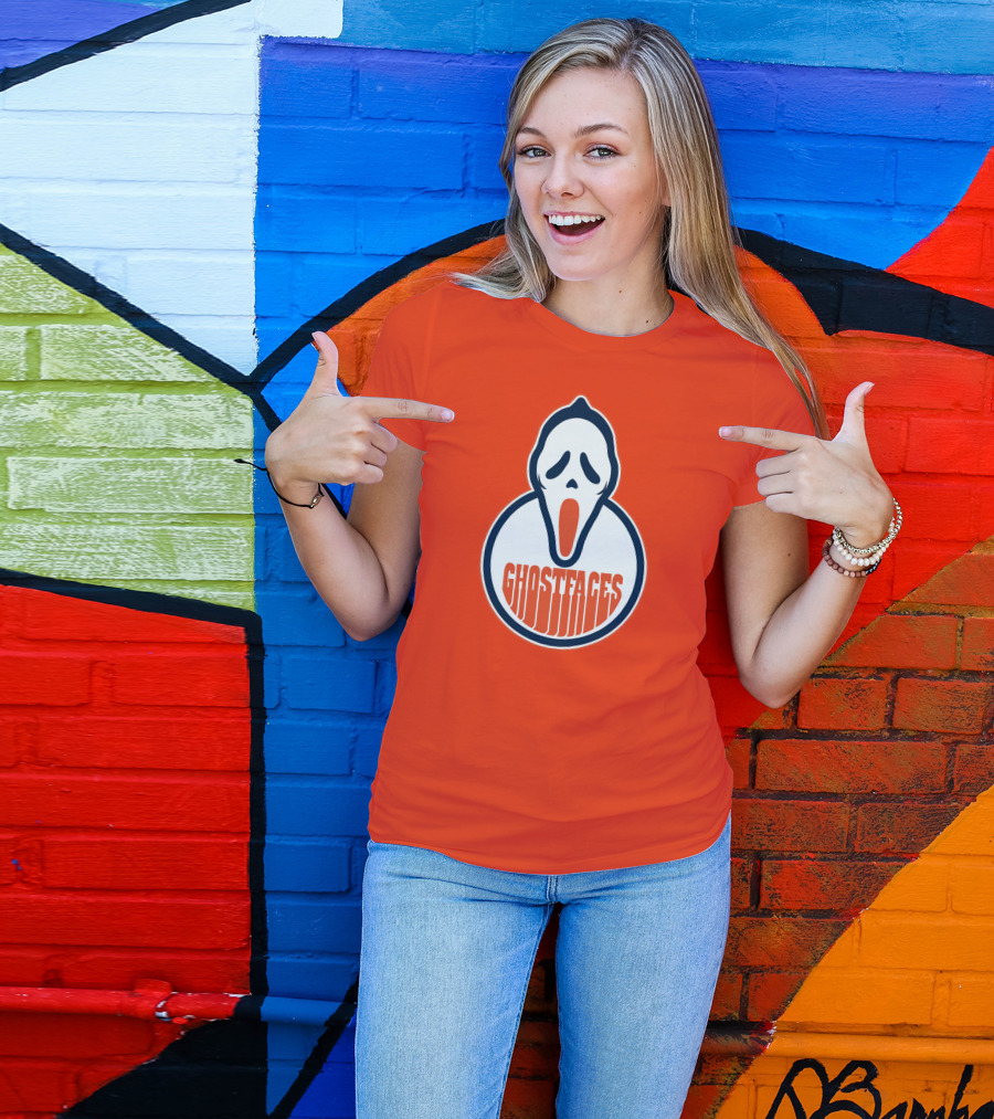 Edmonton Ghostfaces NHL Scream Parody Logo Orange Background T-Shirt