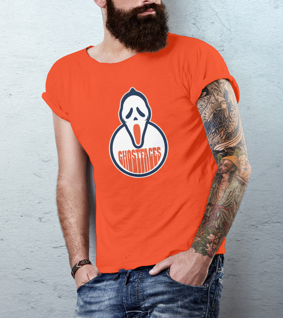 Edmonton Ghostfaces NHL Scream Parody Logo Orange Background T-Shirt