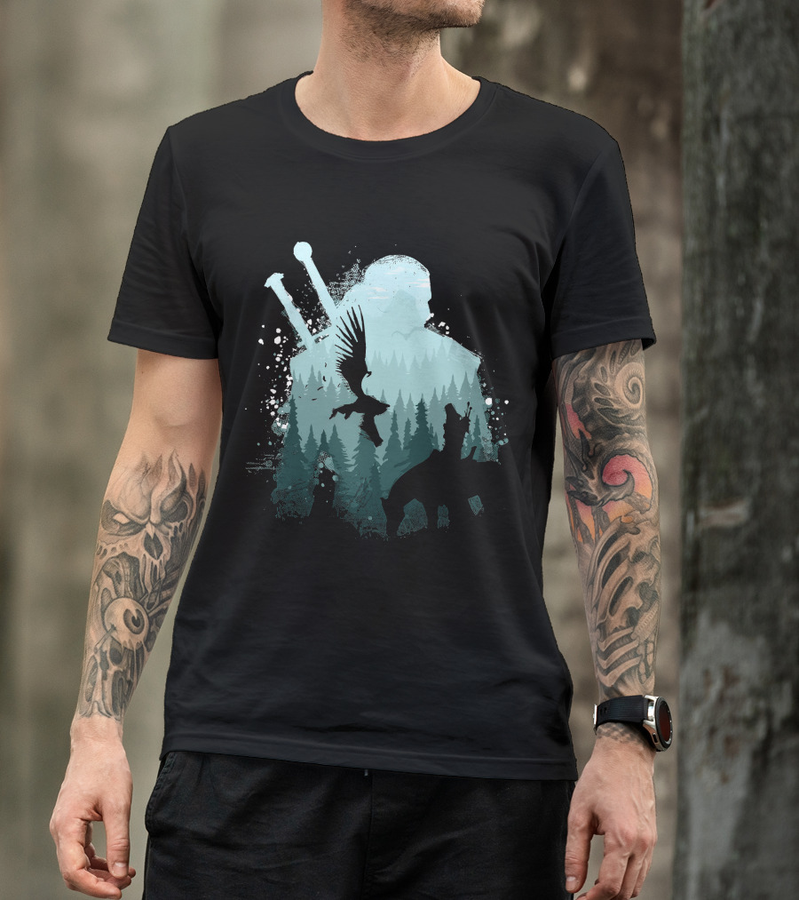 Wild Huntsman Silhouette With Swords Forest And Animals T-Shirt