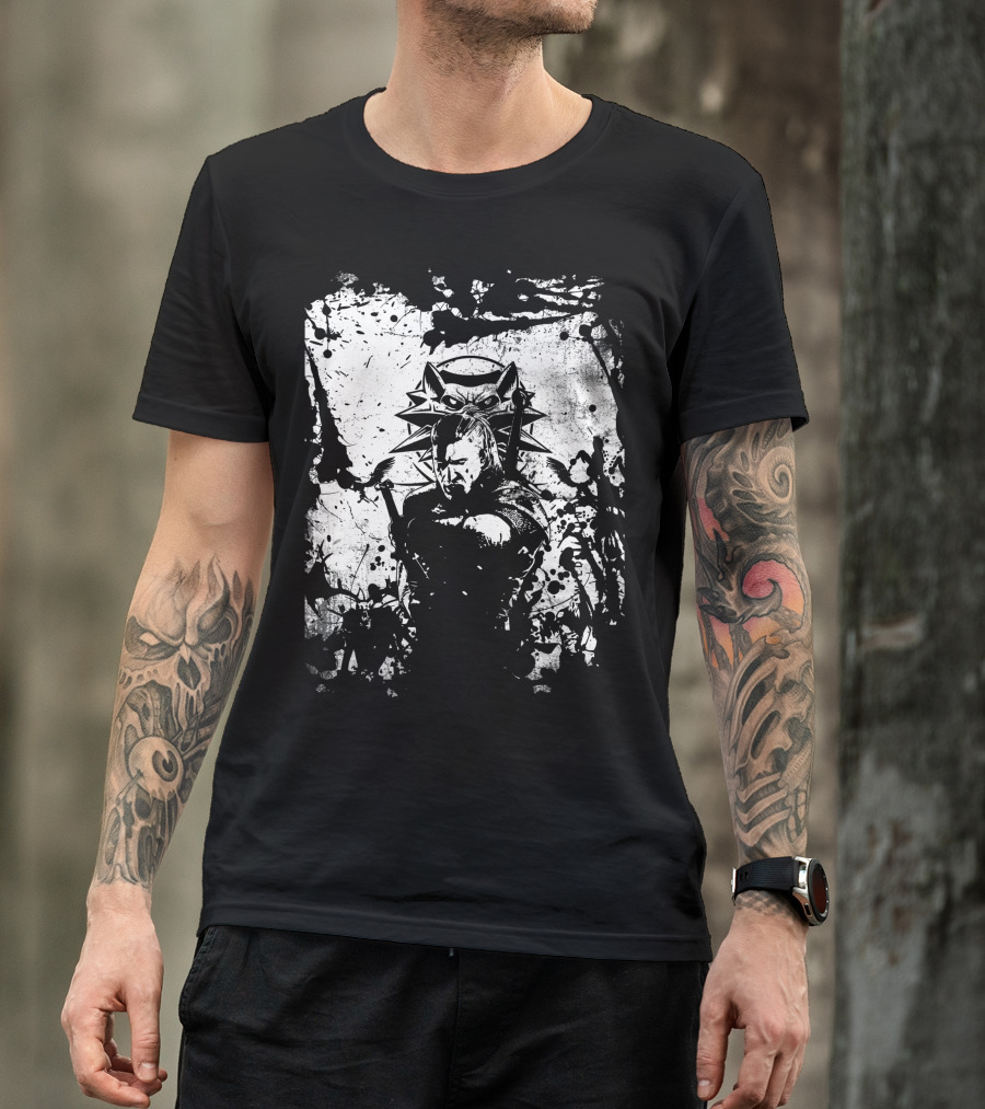 The Witcher 3 Wild Hunt Geralt Wolf School Emblem Splatter T-Shirt