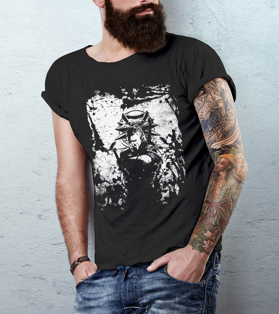 The Witcher 3 Wild Hunt Geralt Wolf School Emblem Splatter T-Shirt