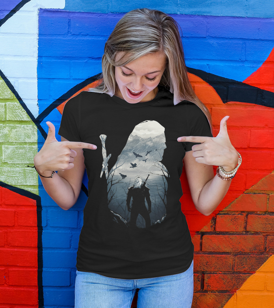 Wild Hunt Forest Geralt Silhouette With Mountains Ravens Sword T-Shirt