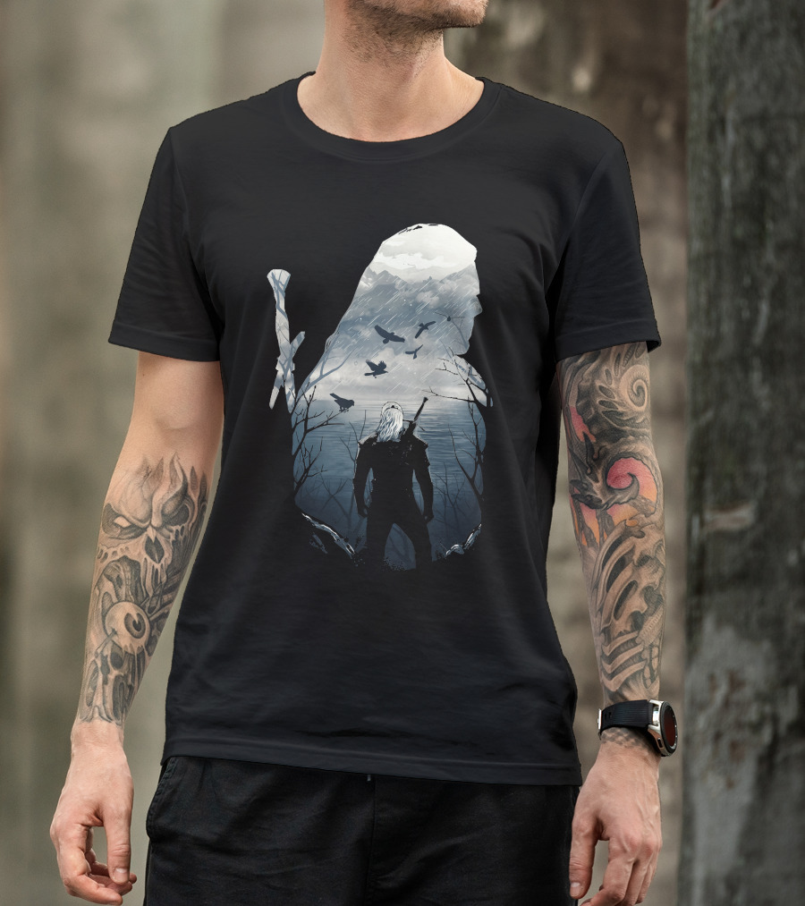 Wild Hunt Forest Geralt Silhouette With Mountains Ravens Sword T-Shirt