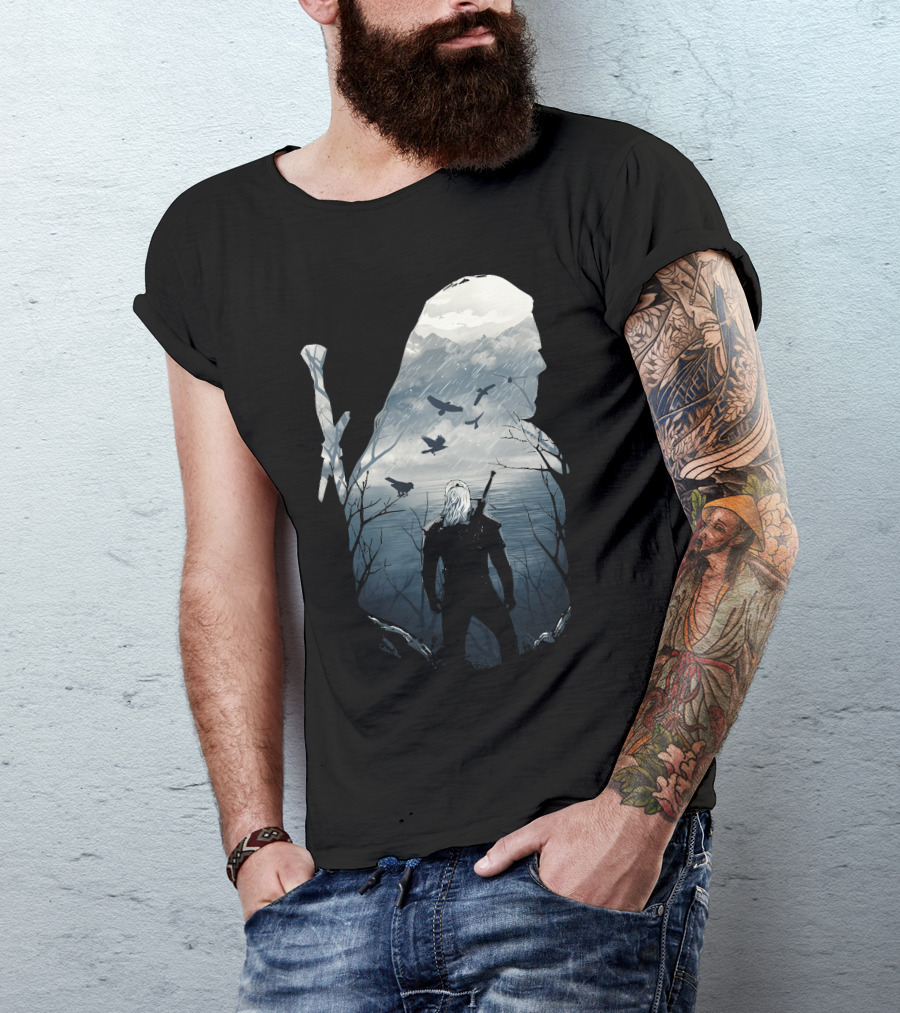Wild Hunt Forest Geralt Silhouette With Mountains Ravens Sword T-Shirt
