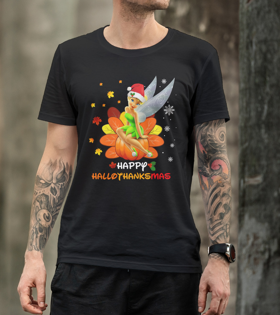Tinkerbell Happy HalloThanksMas Pumpkin Santa Hat Snowflakes T-Shirt