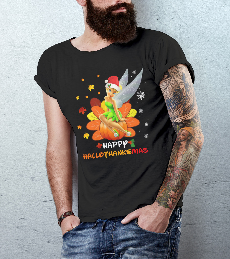 Tinkerbell Happy HalloThanksMas Pumpkin Santa Hat Snowflakes T-Shirt
