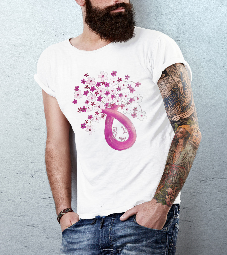 Faith Hope Love Pink Ribbon Flower Bouquet T-Shirt