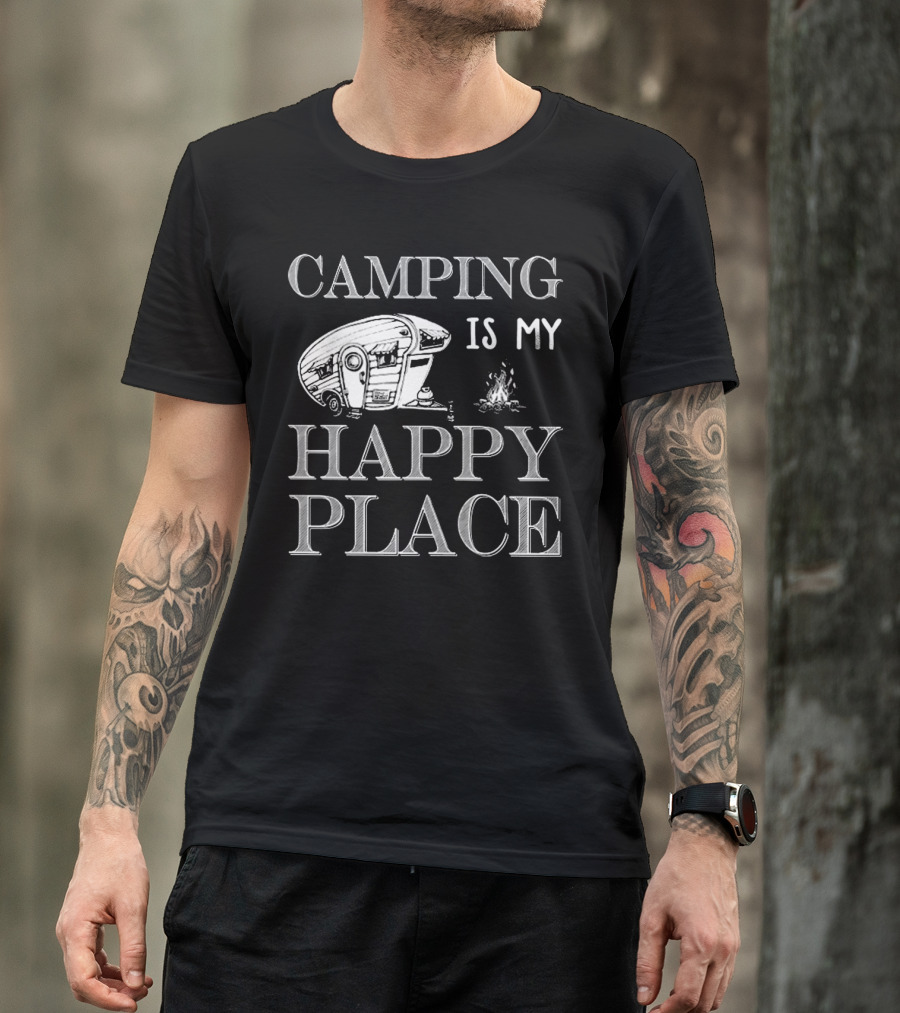 Camping Is My Happy Place With RV And Campfire Scene T-Shirt