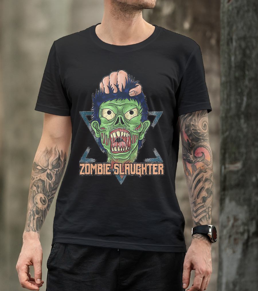 ZOMBIE SLAUGHTER Gruesome Green Undead Face In Hand Triangular Frame T-Shirt