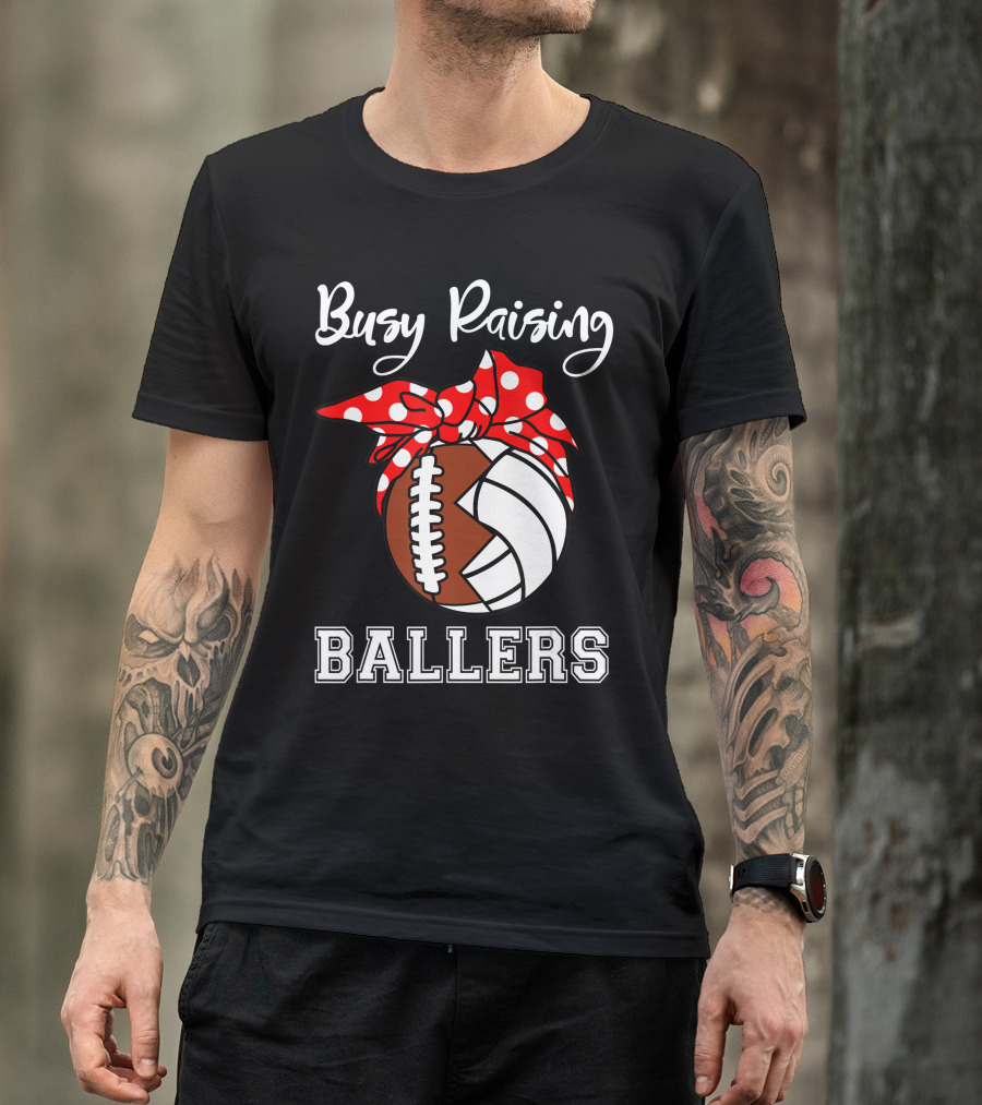 Busy Raising Ballers Football Volleyball Funny Polka Dot Bow T-Shirt