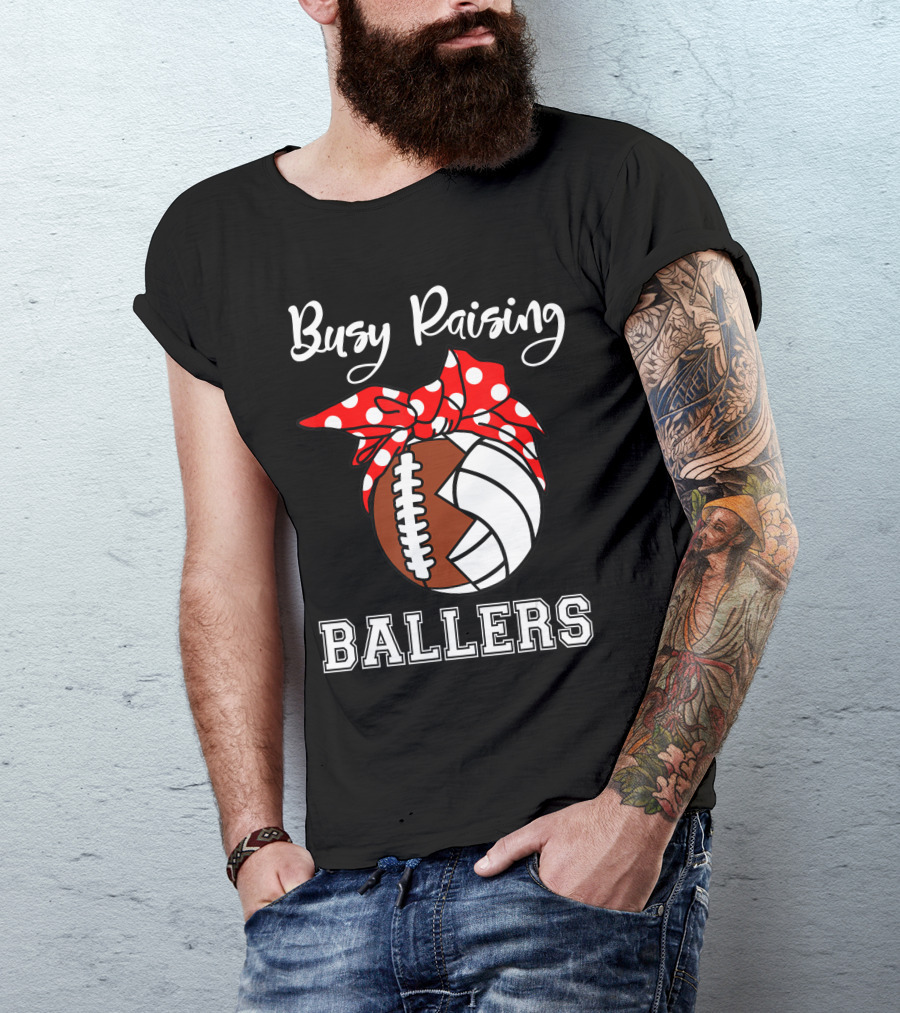 Busy Raising Ballers Football Volleyball Funny Polka Dot Bow T-Shirt