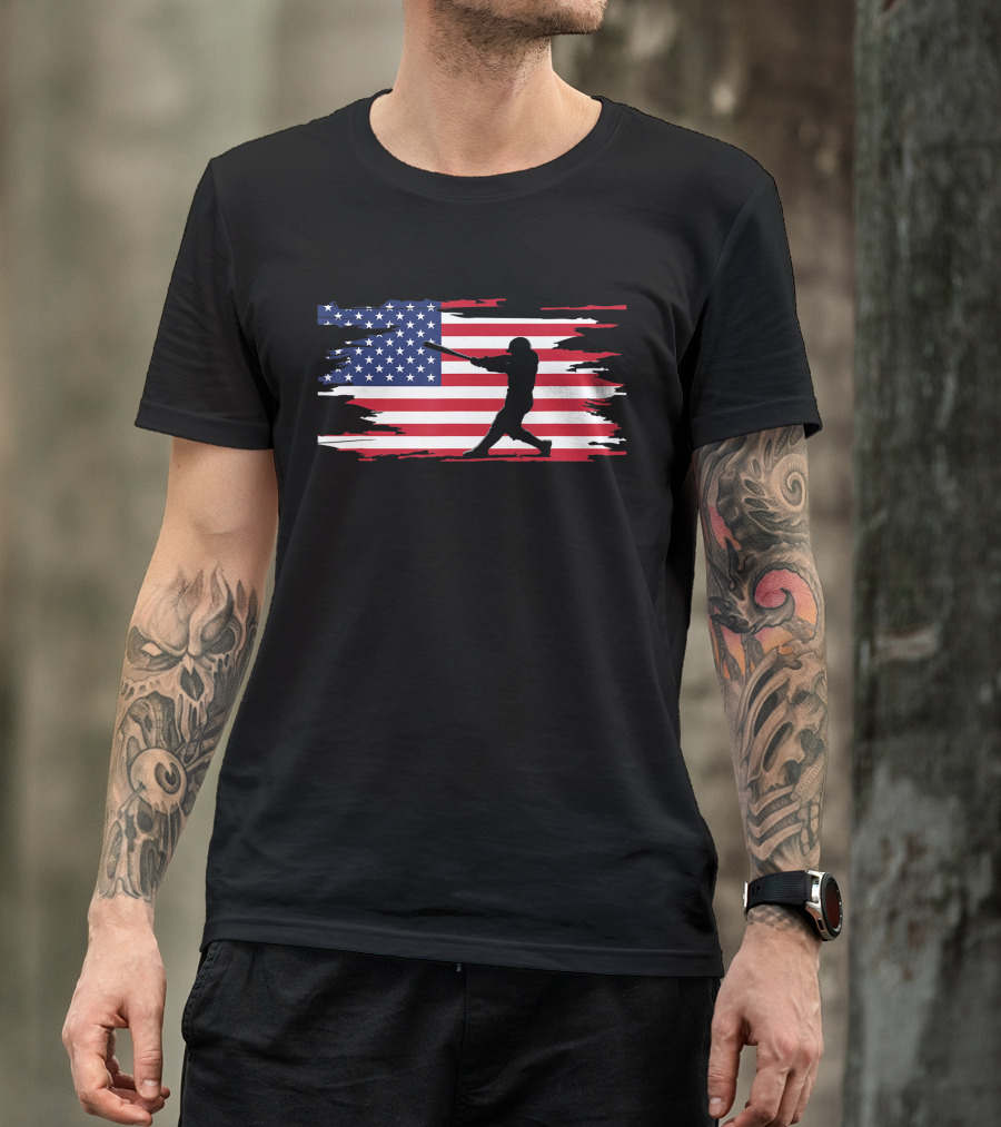 American Flag Baseball Player Silhouette Patriotic Sports T-Shirt