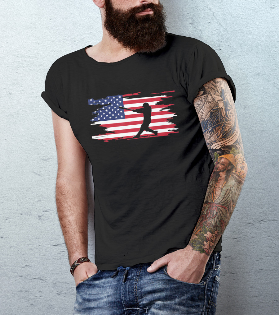 American Flag Baseball Player Silhouette Patriotic Sports T-Shirt