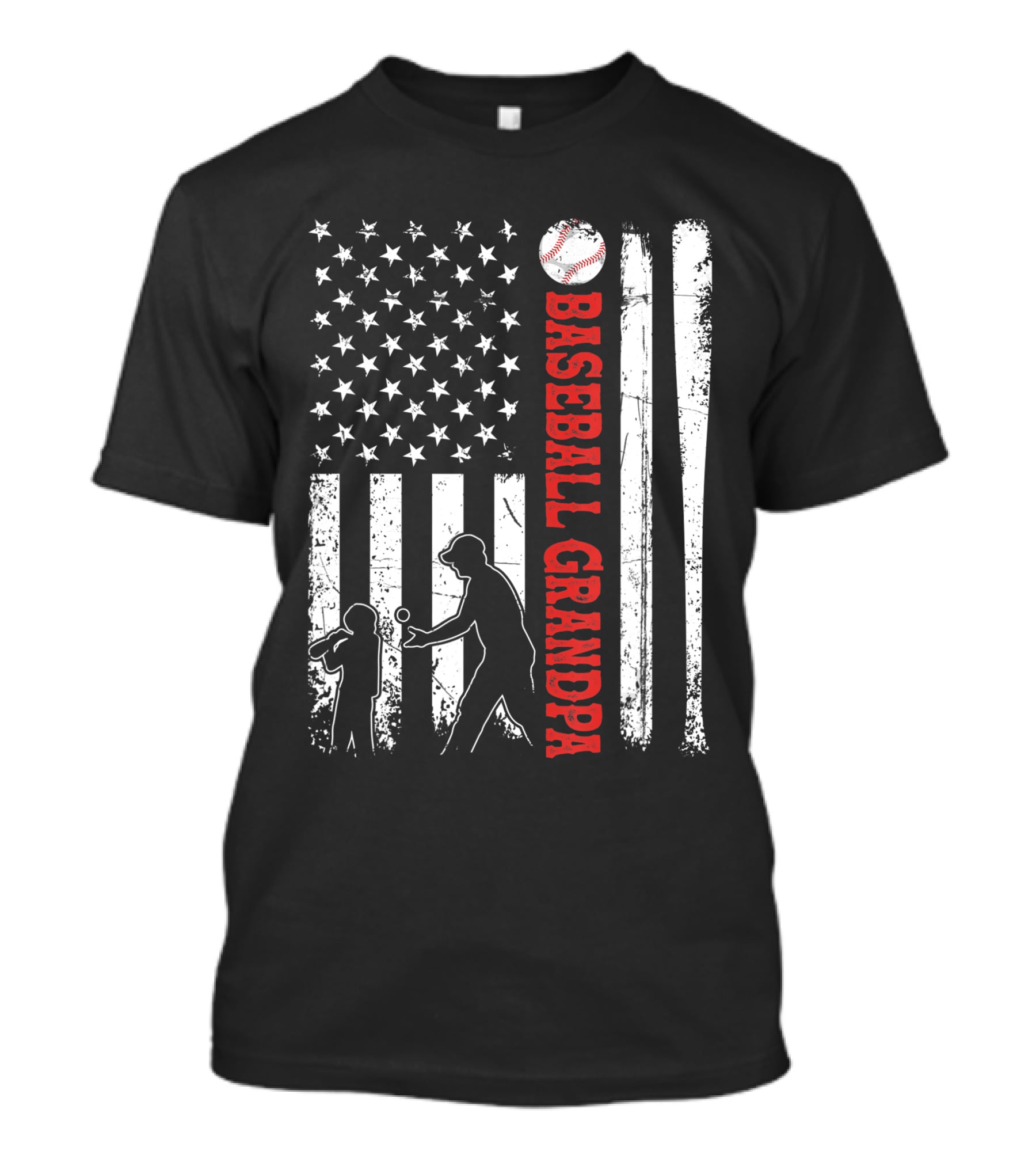 Distressed USA American Flag Baseball Grandpa Silhouette With Bats And Ball T-Shirt