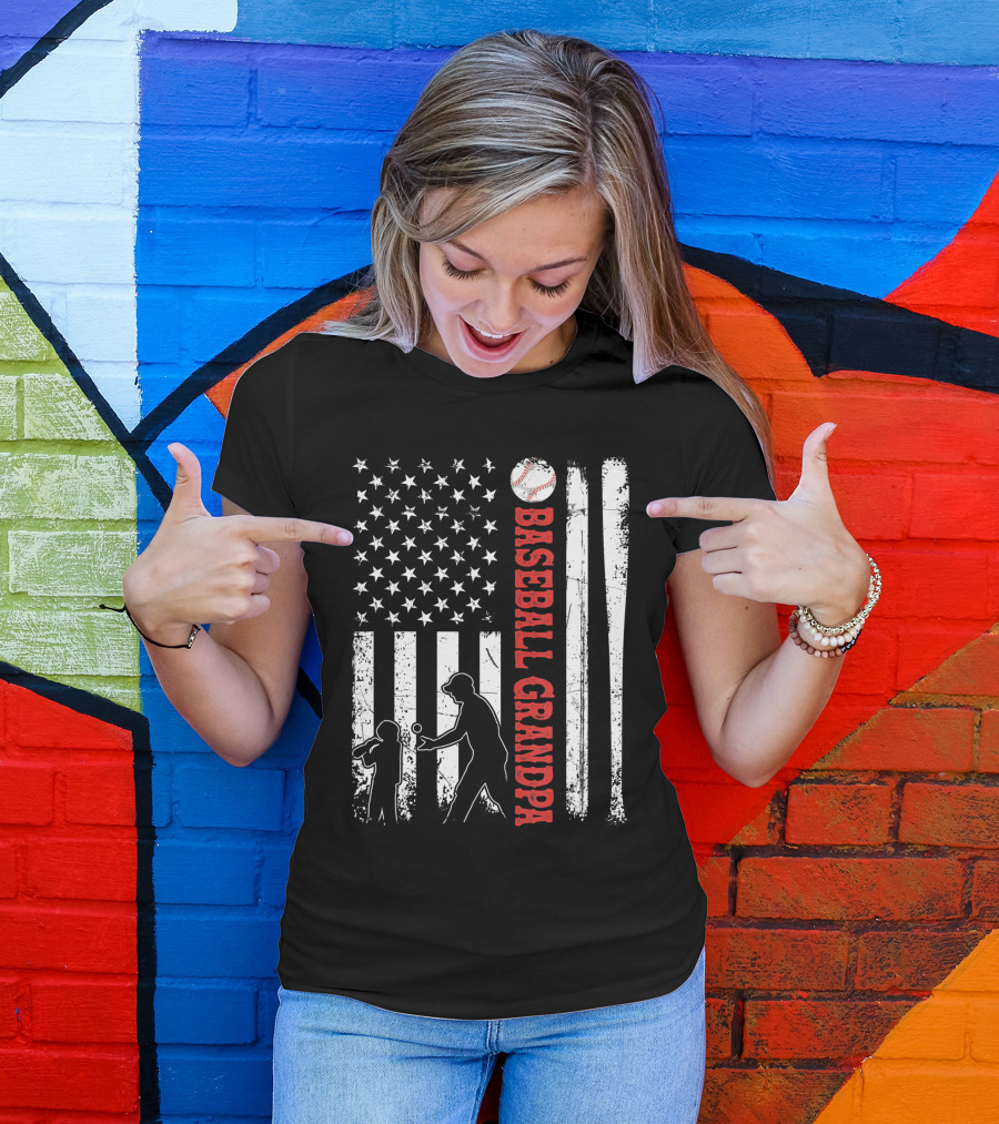 Distressed USA American Flag Baseball Grandpa Silhouette With Bats And Ball T-Shirt