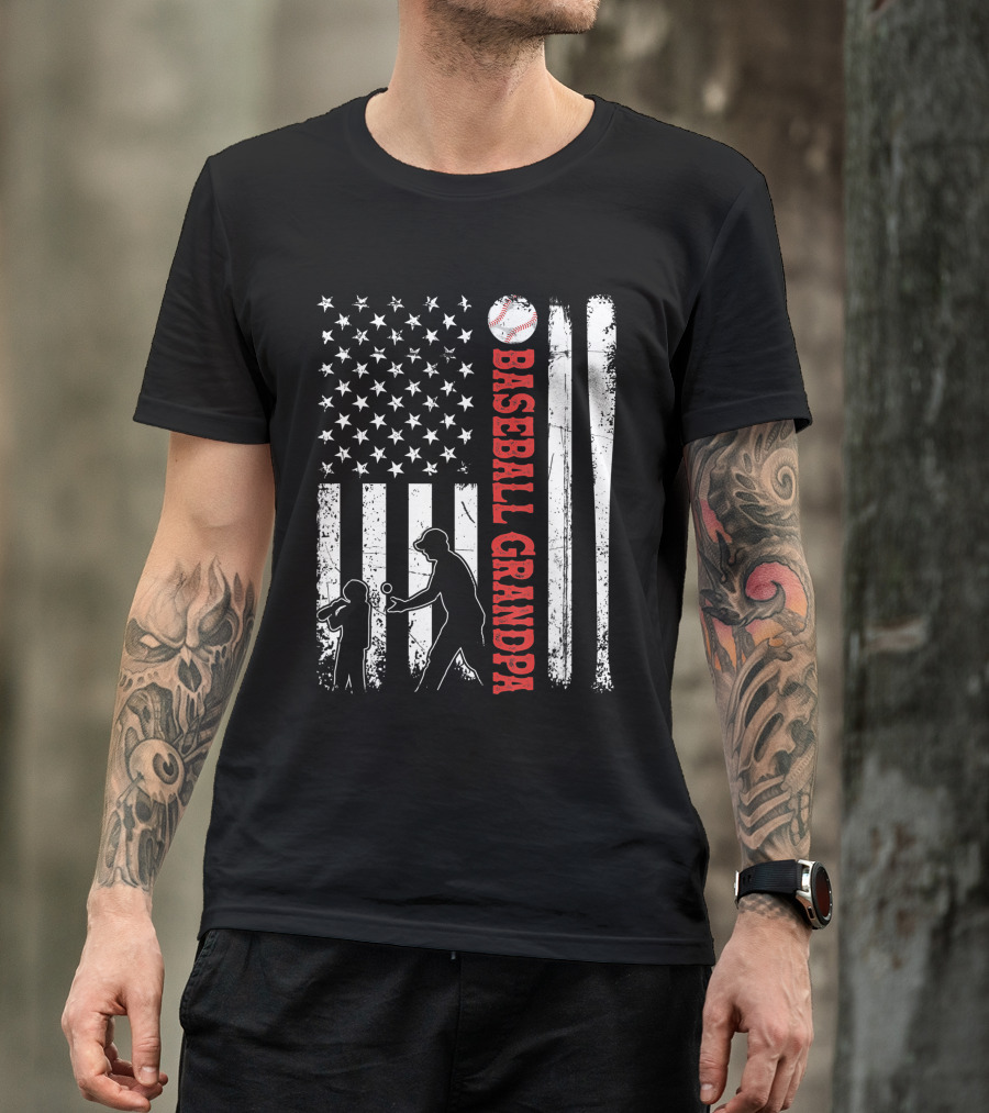 Distressed USA American Flag Baseball Grandpa Silhouette With Bats And Ball T-Shirt