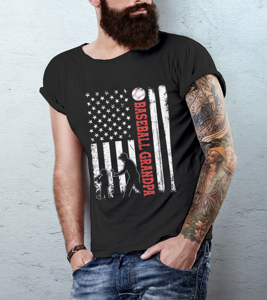 Distressed USA American Flag Baseball Grandpa Silhouette With Bats And Ball T-Shirt
