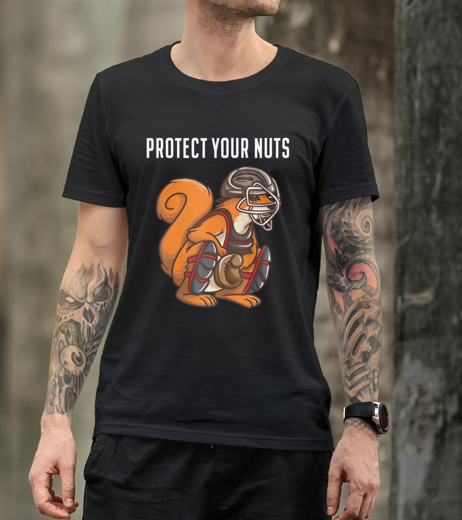 Protect Your Nuts Funny Squirrel Lover Baseball Catcher Animal T-Shirt