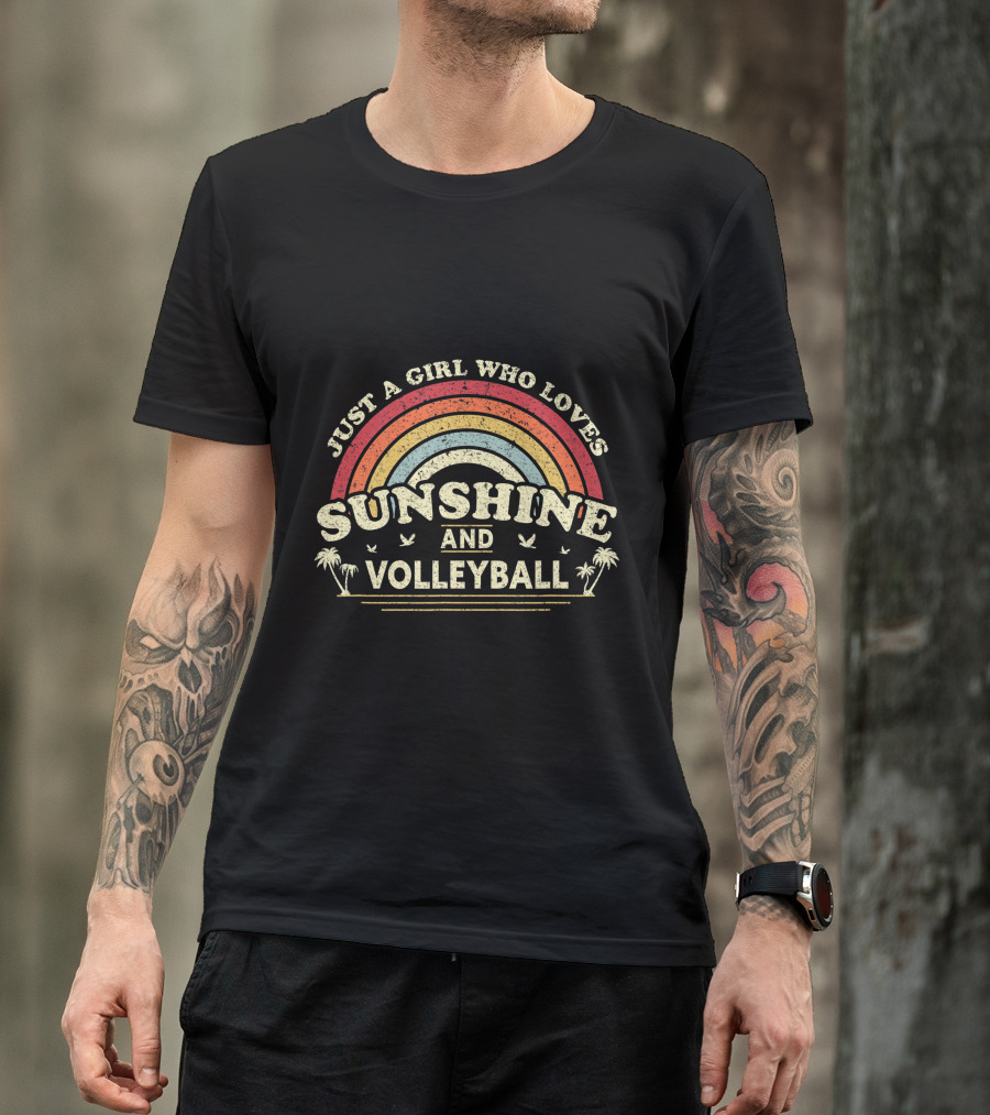 Just A Girl Who Loves Sunshine And Volleyball Rainbow Palm Trees Birds T-Shirt