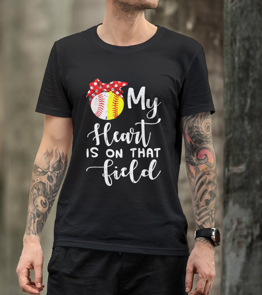 My Heart Is On That Field Baseball Softball Red Polka Dot Bow T-Shirt