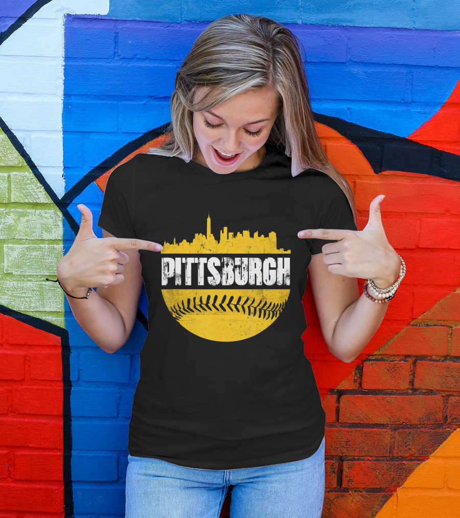 Pittsburgh Baseball Cityscape Distressed Look With Baseball Stitching T-Shirt
