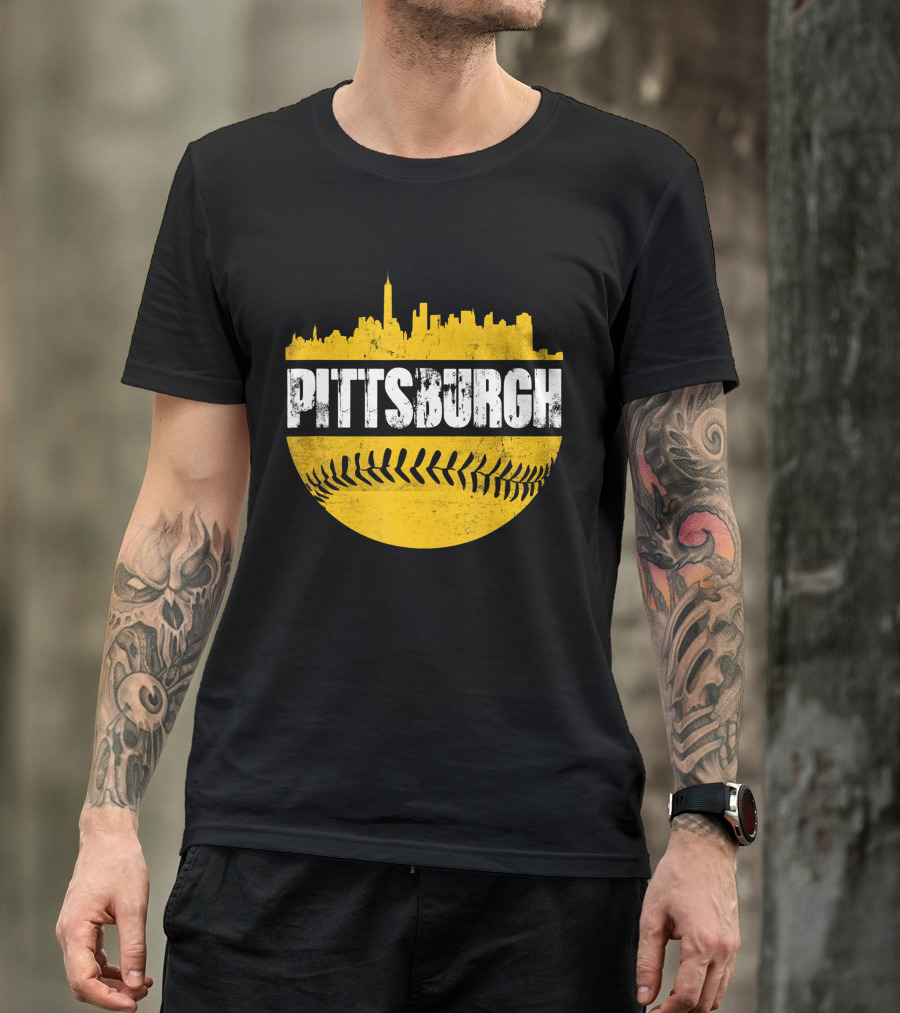 Pittsburgh Baseball Cityscape Distressed Look With Baseball Stitching T-Shirt