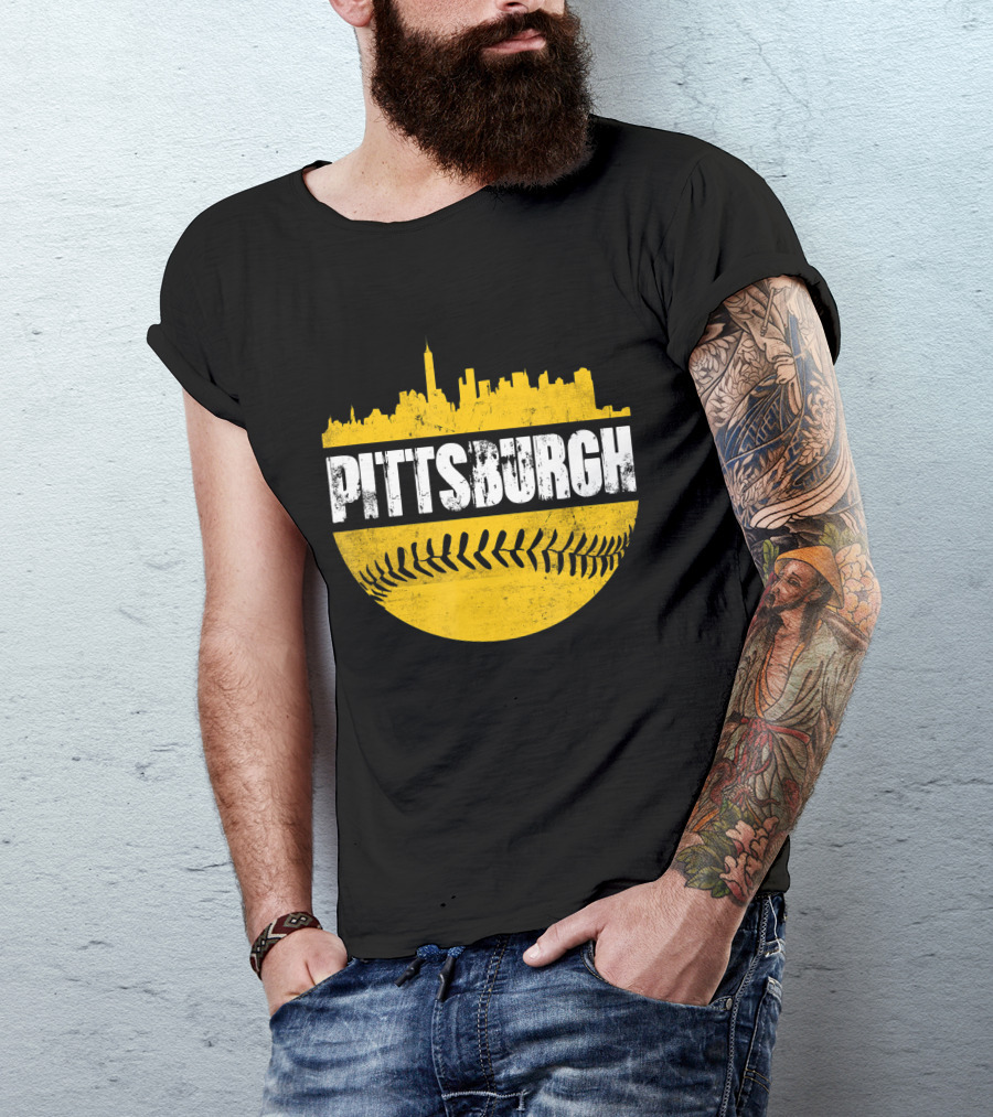 Pittsburgh Baseball Cityscape Distressed Look With Baseball Stitching T-Shirt