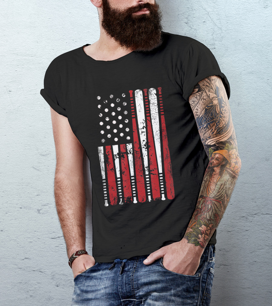 Vintage American Baseball Bat USA Flag T-Shirt