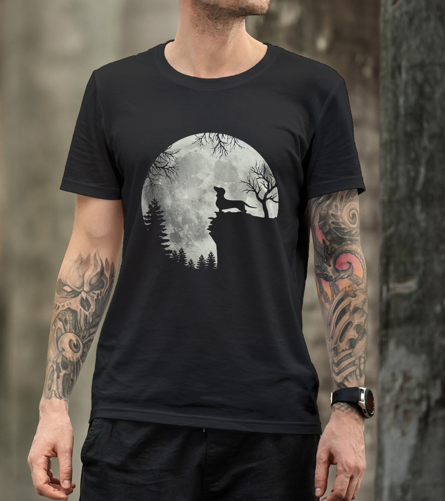 Dachshund Silhouette Howling At Full Moon In Forest Night Scene T-Shirt